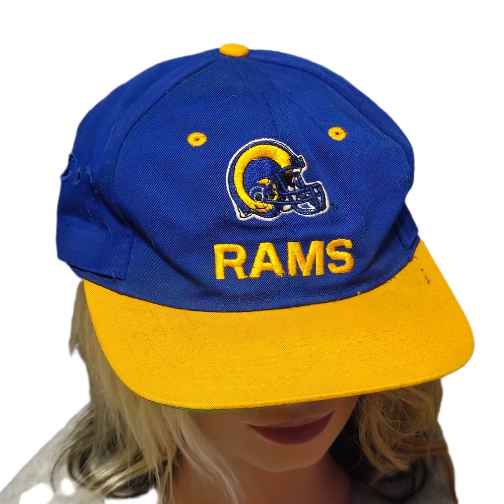 Team NFL Rams Hat Mens OSFA Blue Yellow Vintage 90s Distressed Snapback Cap